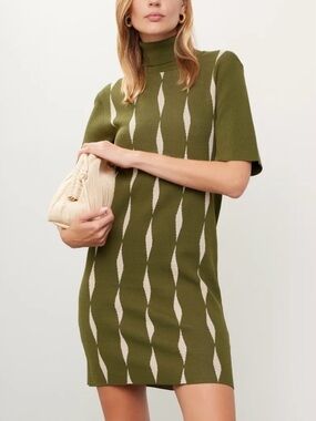 Saunders Collective x RTR Green Jacquard Short-Sleeve Turtleneck Knit Dress